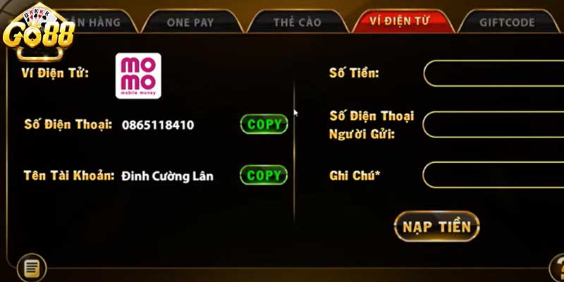 Hướng dẫn nạp tiền GO88 bằng hình thức ví điện tử Momo