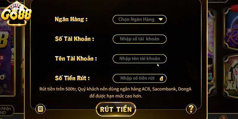 Các thao tác cần biết khi rút tiền qua tài khoản ngân hàng tại GO88